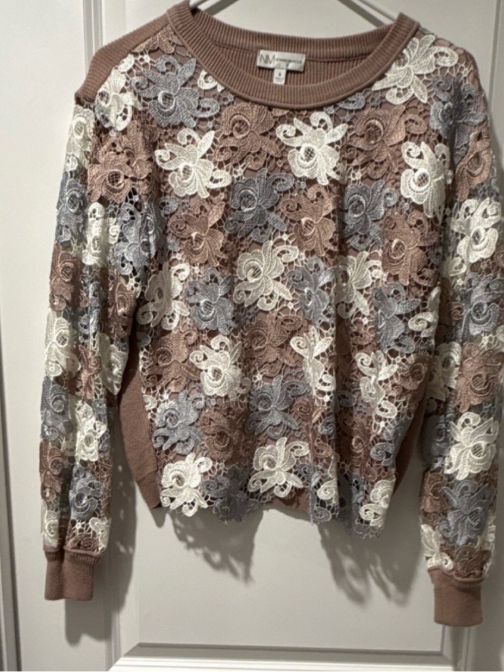 Bohemian Sweater S Brown, Cream & Gray Lace Overlay Crewneck